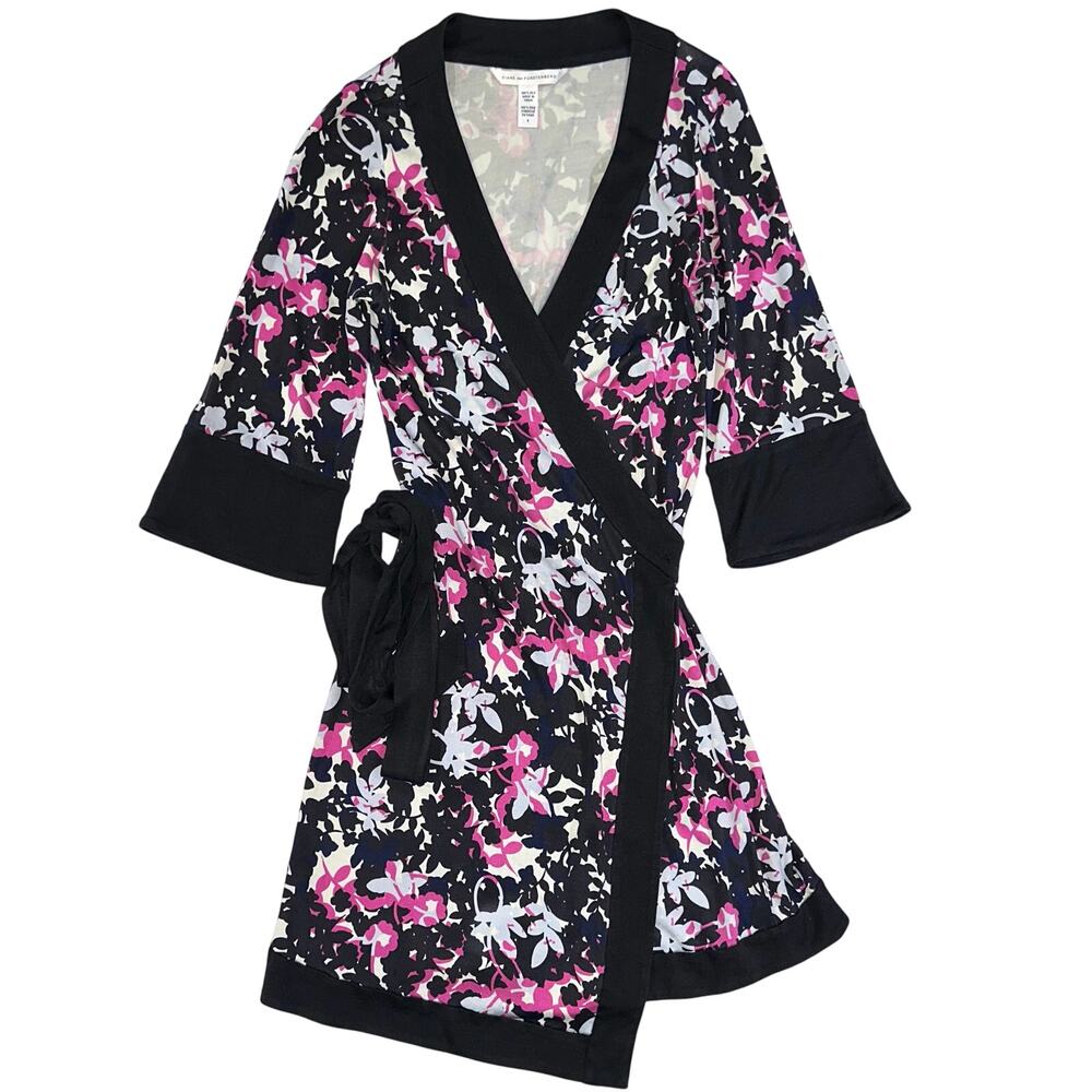 Diane Von Furstenberg Black Floral Wrap Mini Dress with Pink and White Accents